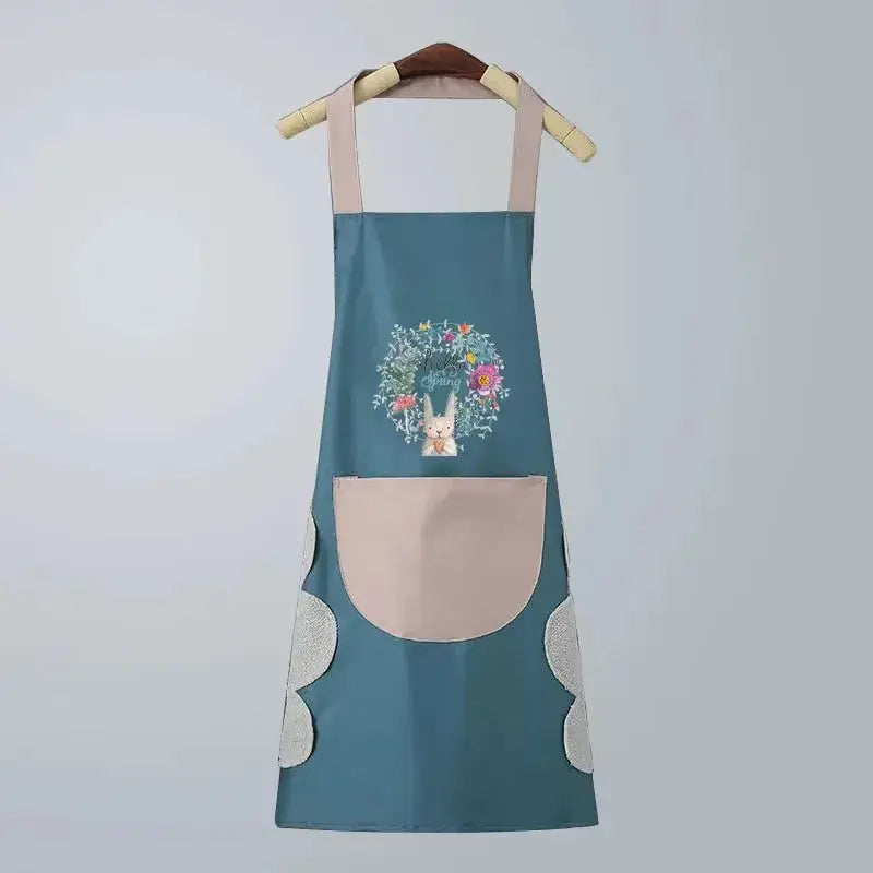 Women's kitchen apron, blue with pink pocket, rabbit wreath print, oil-proof waterproof