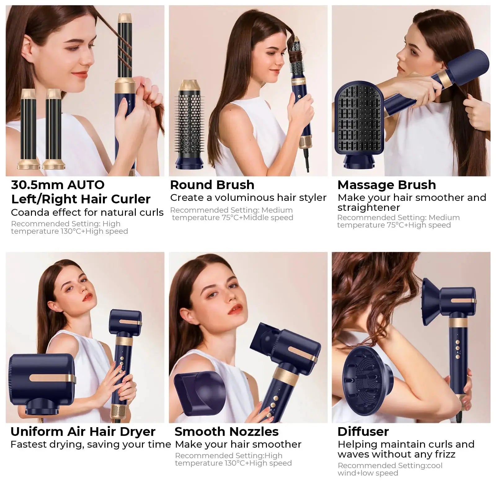 Simples Market 7-in-1 hair dryer brush set in navy blue and gold with diffuser and attachments.