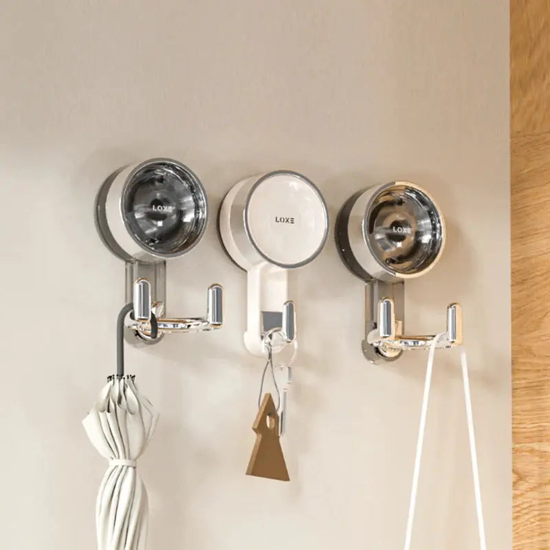 Bathroom wall hooks with LOXE suction cups by Simples Market; triple chrome/white double-hanger rack