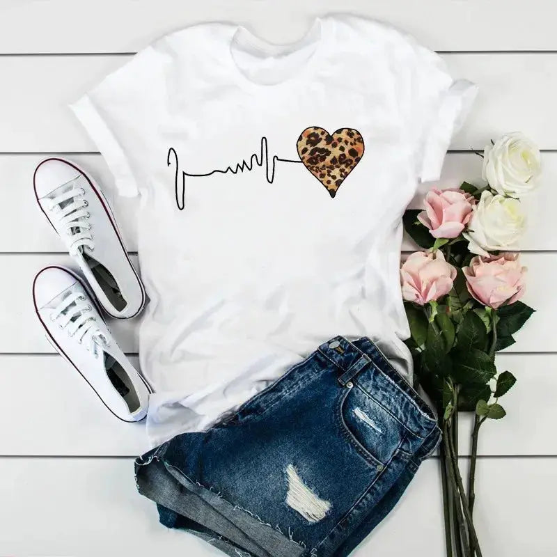 Womens Summer T Shirt Leopard Print and Heartbeat Pattern Short Sleeve Tee for Everyday Comfort and Style