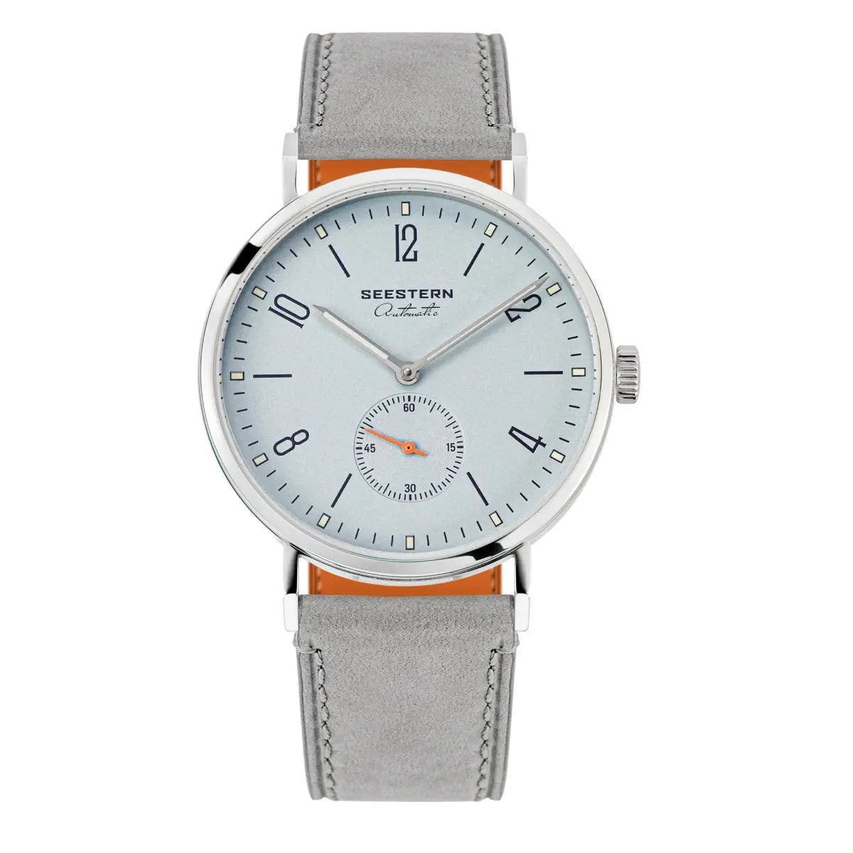 SEESTERN men's automatic wristwatch with light-blue dial, small seconds subdial, silver case, gray leather strap