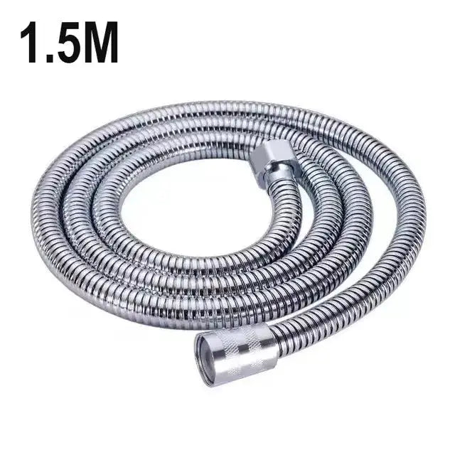 Stainless steel shower hose, 1.5m length, flexible silver metal plumbing hose with fittings.
