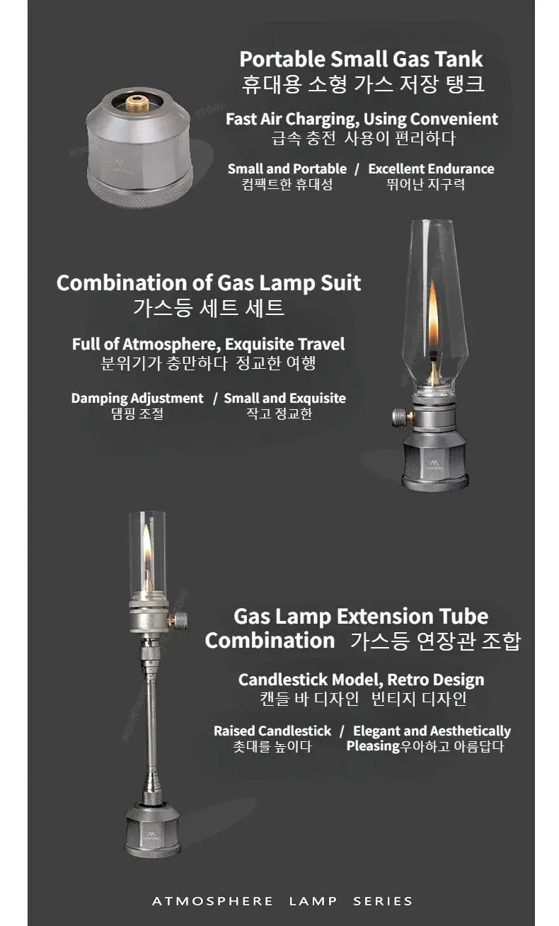 MountainHiker Outdoor Gas Light Set by Simples Market, featuring retro lantern, compact gas canister, and extension tube