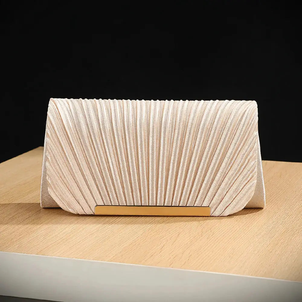 Sequined clutch bag by Simples Market, champagne pleated evening purse with chain