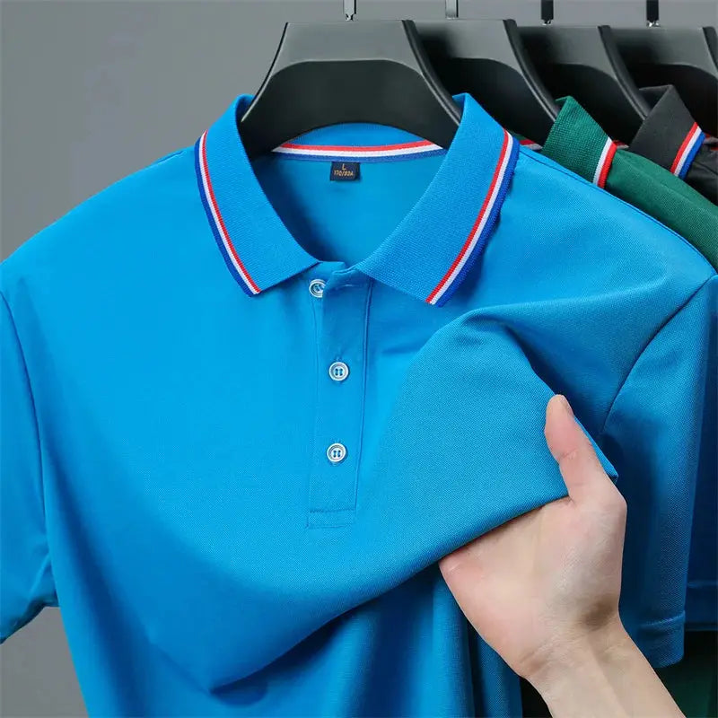 Men's polo shirt by Simples Market in solid blue with red white blue striped collar; set of 5 on rack