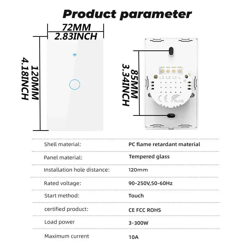 RF433 US WiFi smart wall switch (1/2/3/4 gang) white touch LED panel; back view shows terminal blocks by Simples Market.