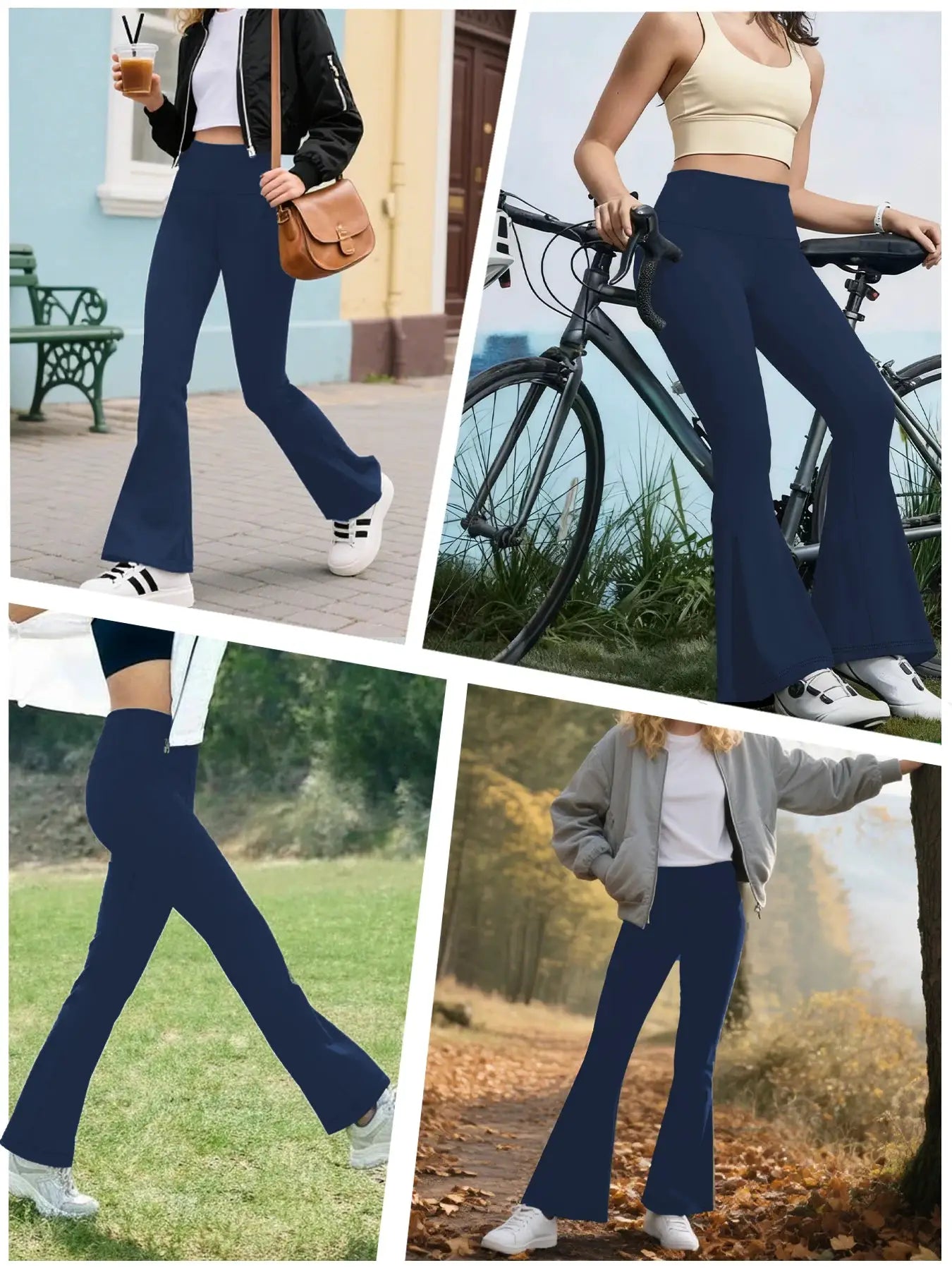 Simples Market women's super soft flare pants; navy blue, high-waisted tummy-control yoga bell-bottoms.