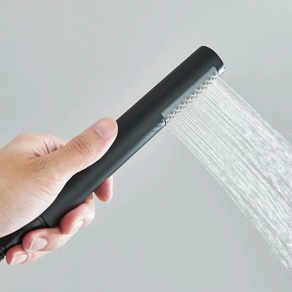 Handheld shower head with black plastic handle, single-function spray