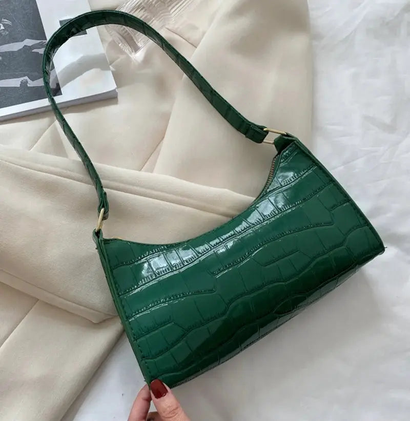 Green alligator-pattern PU leather underarm handbag with a single strap, Simples Market
