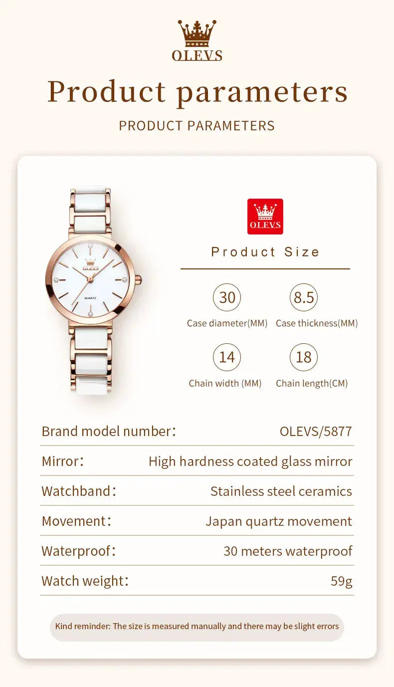 OLEVS 5877 women's watch with rose-gold case and white ceramic links; waterproof 30m, Japan quartz movement