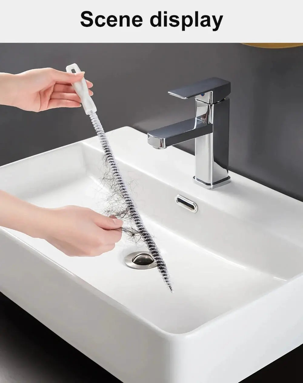 Simples Market pipe dredging brush for bathroom sinks; white handle, flexible coil, and black bristles.