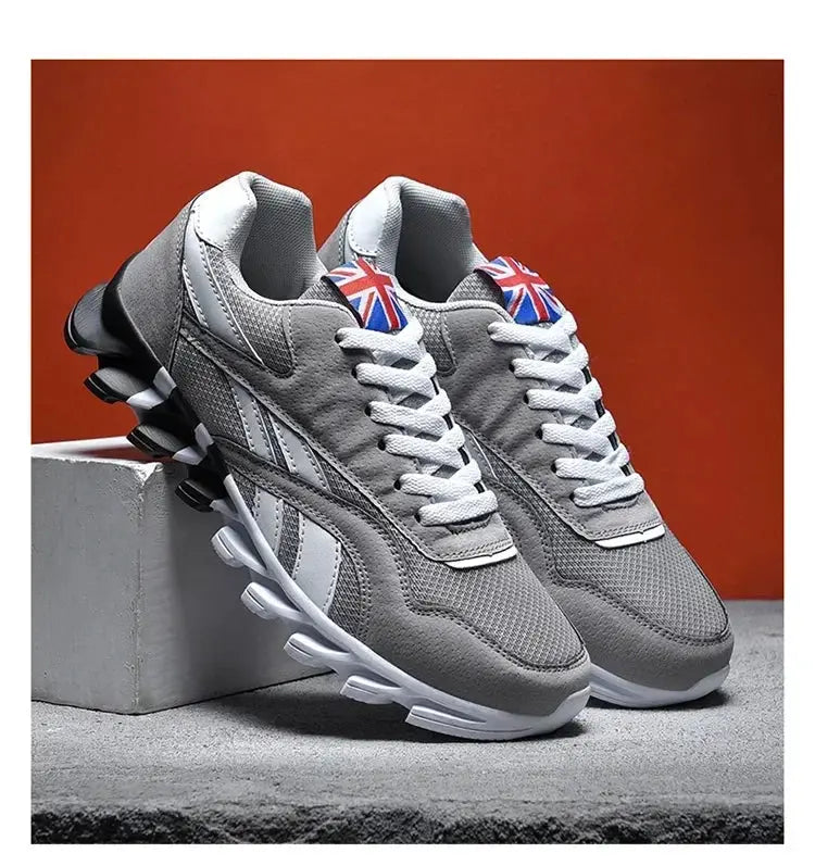 Men's gray fitness sneakers with thick white soles and Union Jack patch tongues (pair)