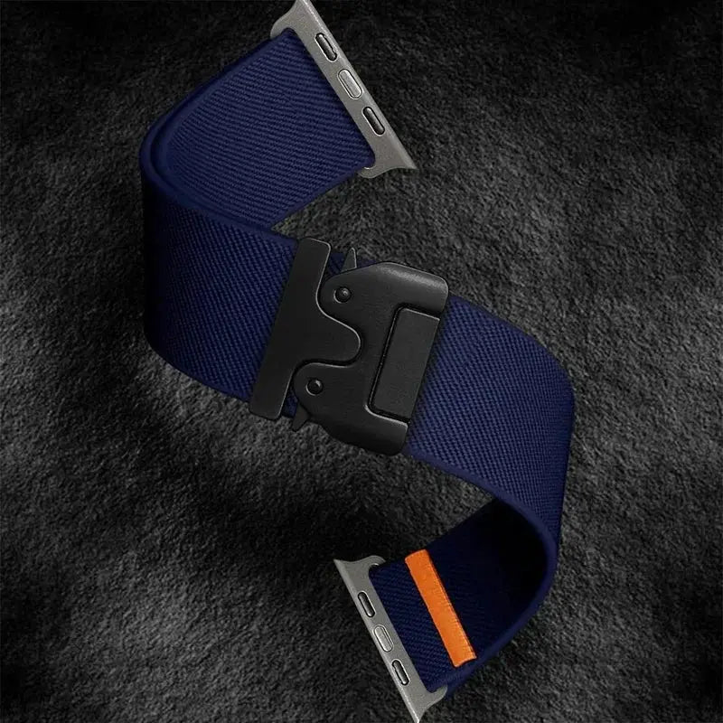 Simples Market braided elastic nylon strap for Apple Watch Ultra 2, 49mm/46mm, blue with orange keeper and metal clasp