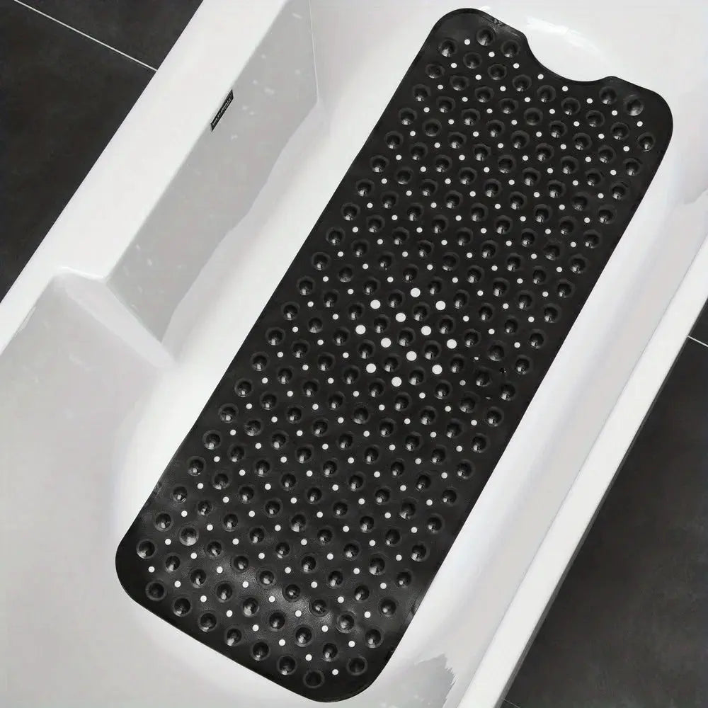 Simples Market black non-slip shower mat with drain holes and suction cups, machine washable for bathtub