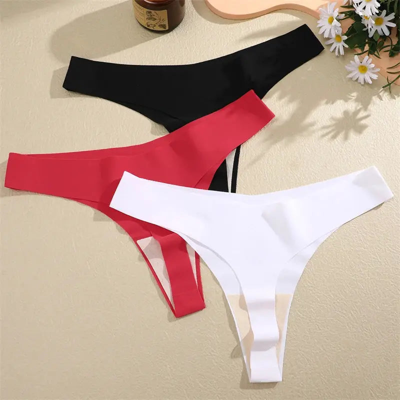 FINETOO 3-piece women's ice-silk seamless thong underwear set in black, red, white with low-rise V-waist