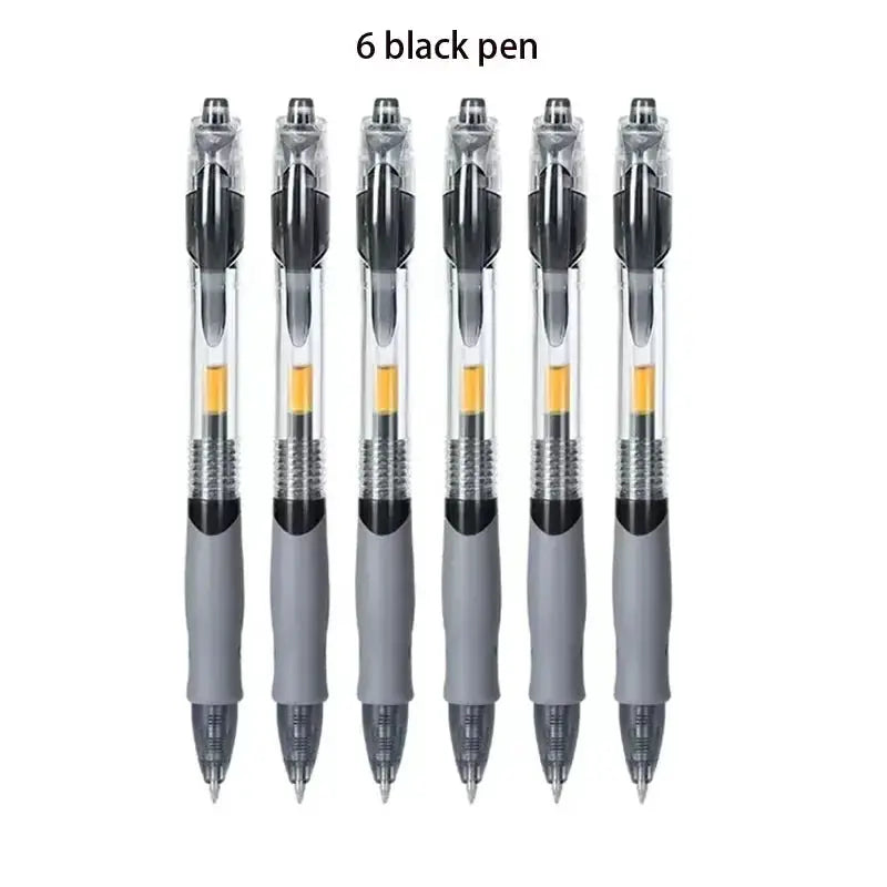 6 black retractable gel pens with gray grips in a compact office stationery set