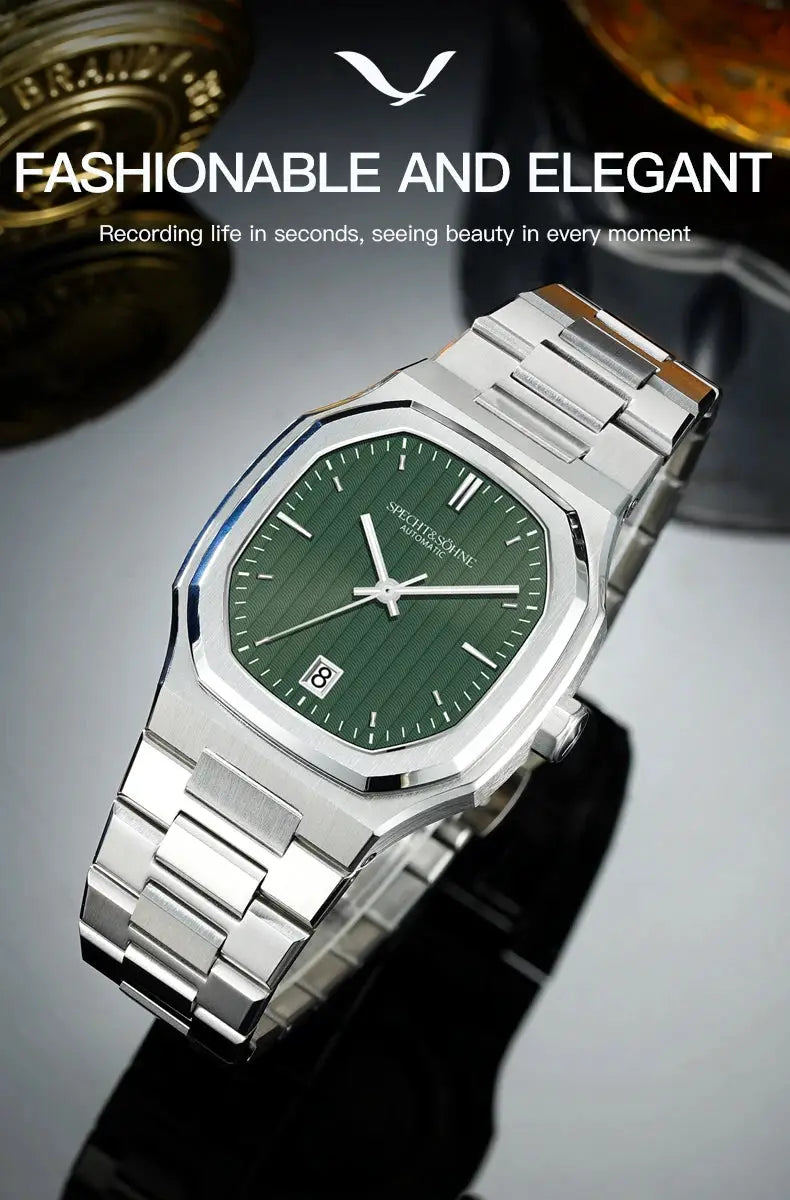 Specht&Sohne stainless steel automatic watch with green dial, date window, sapphire crystal, 50m water resistant