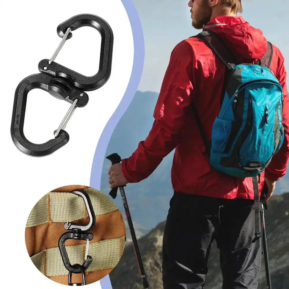 Double-clip carabiners with 360-degree swivel, two black metal clips for outdoor backpacks by Simples Market