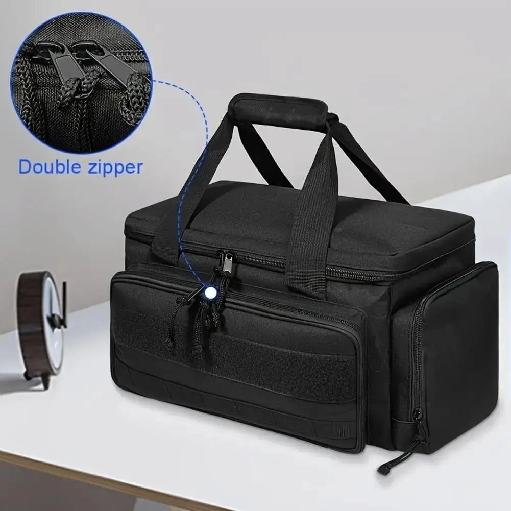 High-capacity tool storage bag in black with padded base, dual zippers and multiple pockets, Simples Market.