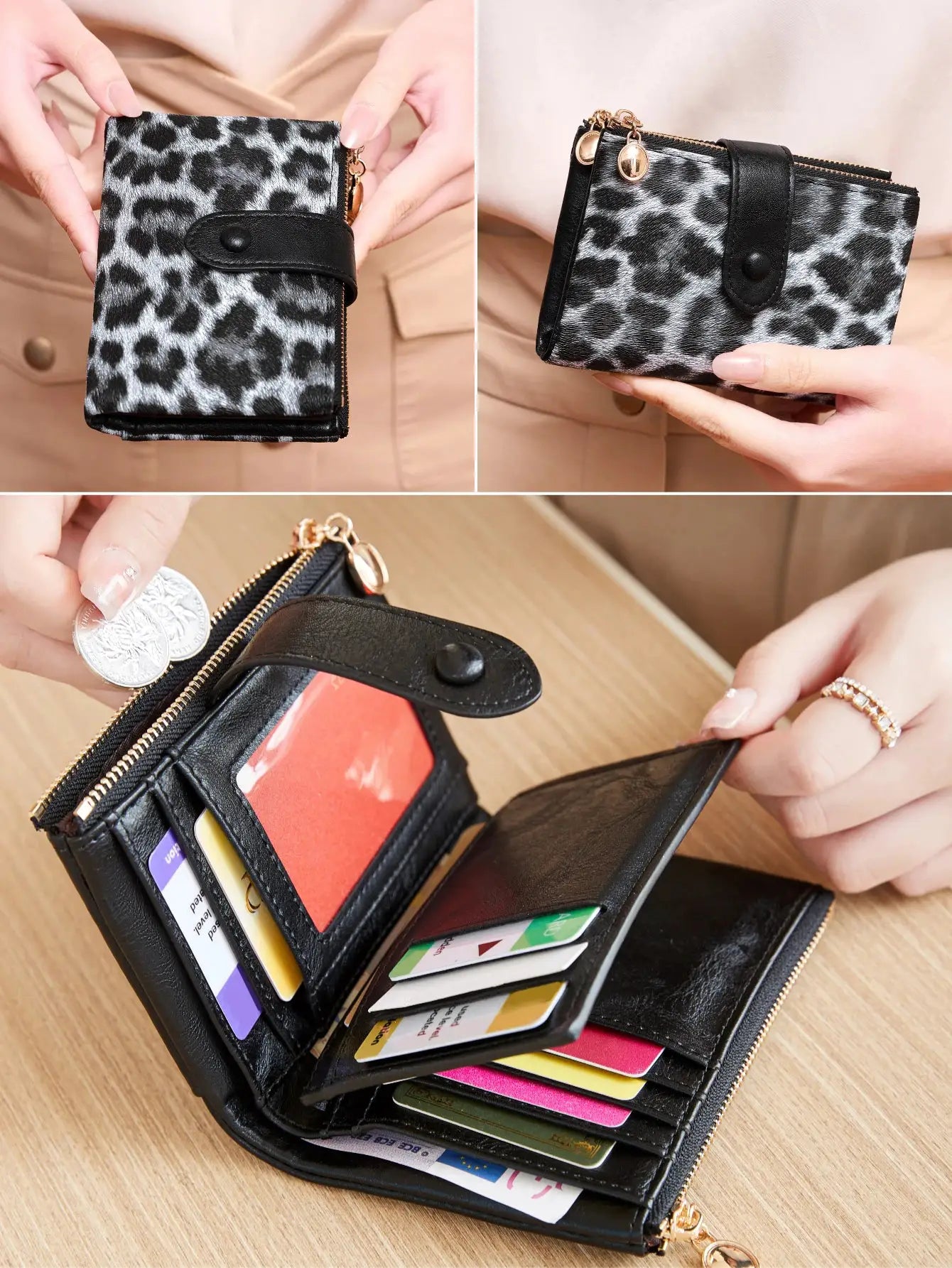 Minimalist women's wallet; leopard-print three-layer card holder with black strap