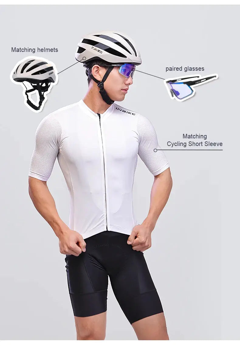 INBIKE men's MTB cycling bib shorts, black shorts with white jersey worn by model, helmet and mirrored sunglasses