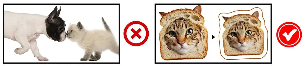 Simples Market custom shape pet photo pillow case; two-panel design with real dog and cat on left and bread-slice cat print on right