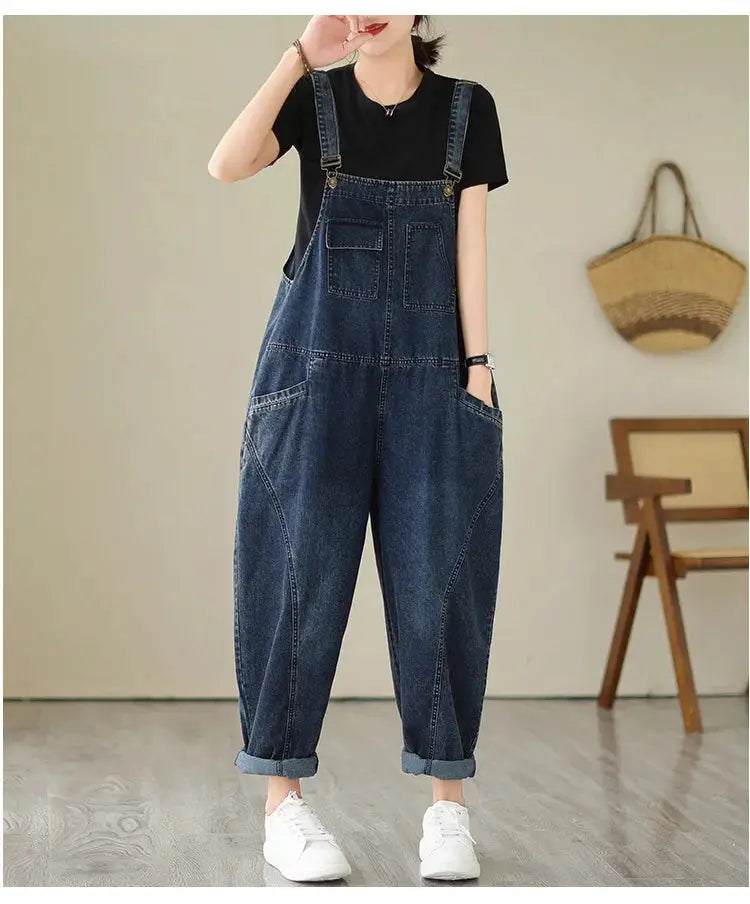 Simples Market 6223 women's blue denim overalls with suspenders, multi-pocket cargo, relaxed fit
