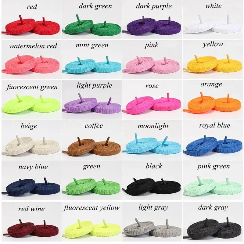 Flat shoelaces color assortment; 24 colors, 1 pair each, casual unisex sports laces