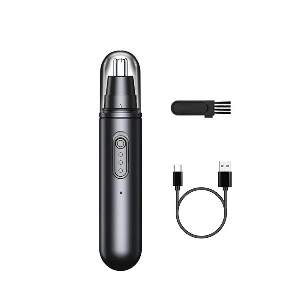 Simples Market nose hair trimmer; compact black electric clipper with USB charging cable and cleaning brush