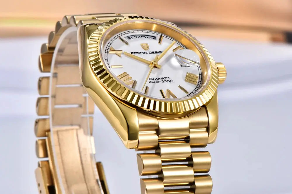 Pagani Design men's gold-tone stainless steel automatic watch with white dial