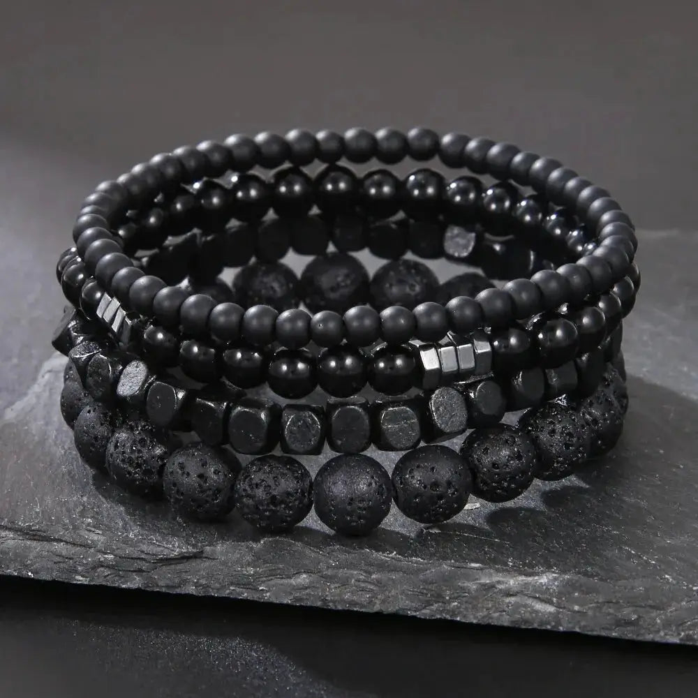 4 Piece Set Black Gall Stone Volcanic Stone And Wood Bead MultiLayer Elastic Bracelets For Men Couples Friends Jewelry
