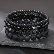 4 Piece Set Black Gall Stone Volcanic Stone And Wood Bead MultiLayer Elastic Bracelets For Men Couples Friends Jewelry