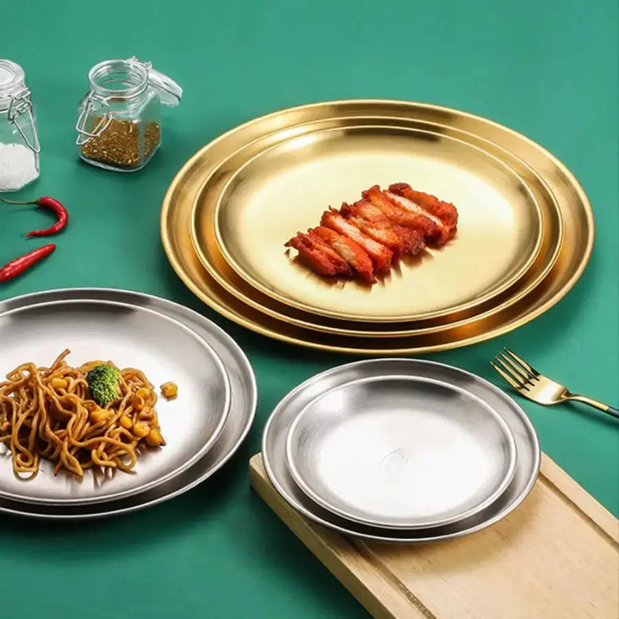 Circular Stainless Steel Plate Tray for Dining and Korean Barbecue Perfectly Suited for Steaks and Serving Plates