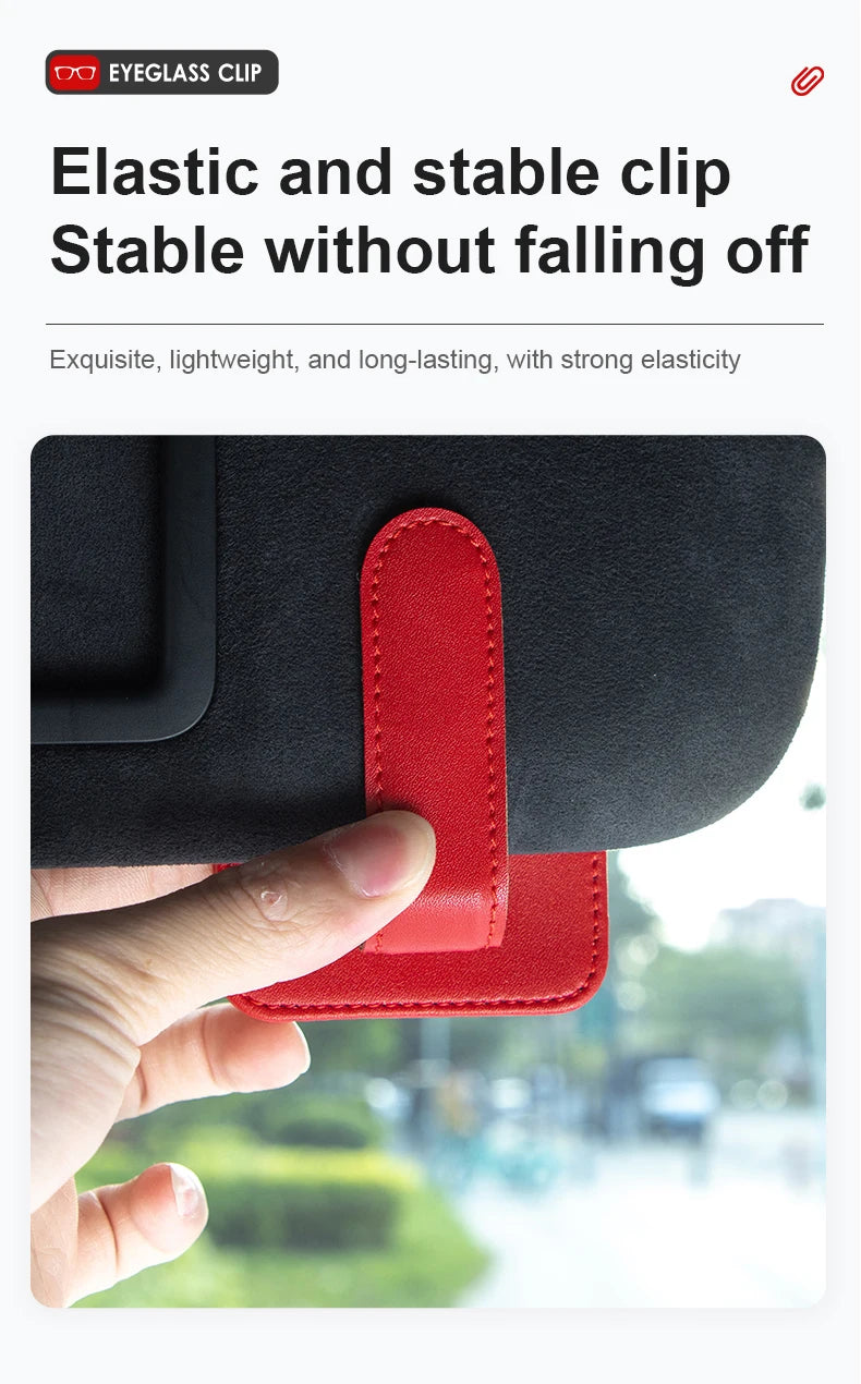 Red leather car sun visor sunglasses holder with magnetic clip and card slot