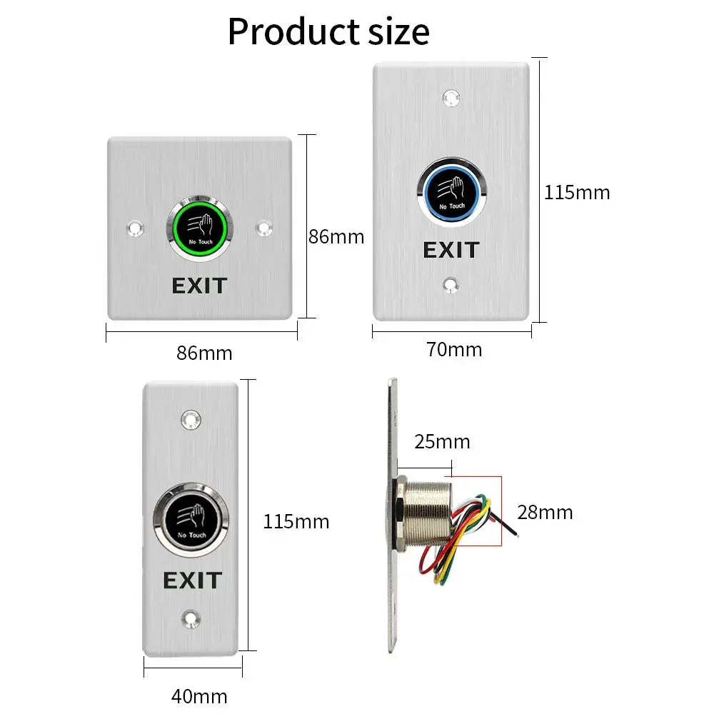 Simples Market 12V infrared touchless exit button for doors, 5–15 cm range, brushed metal plate, NO NC COM
