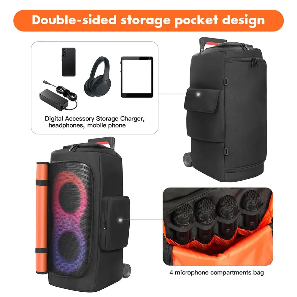 Simples Market black portable speaker storage bag with mic pockets and wheels for JBL PartyBox 310–710