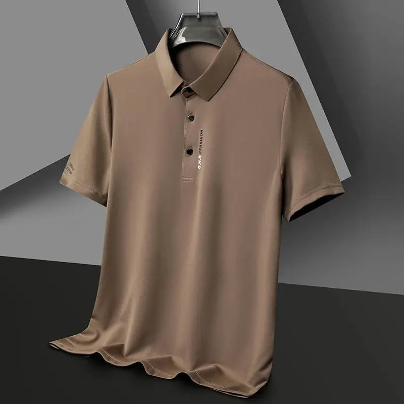 Men's short-sleeve polo shirt, solid brown, breathable fabric, Simples Market.