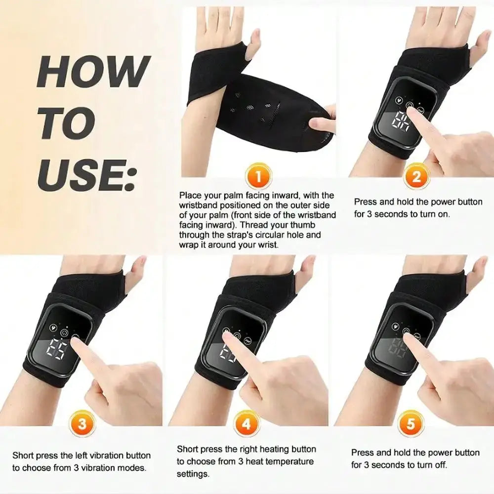 Wrist heating pad with massage by Simples Market, 1pc rechargeable, black LCD display, 3 temperature & 3 vibration levels
