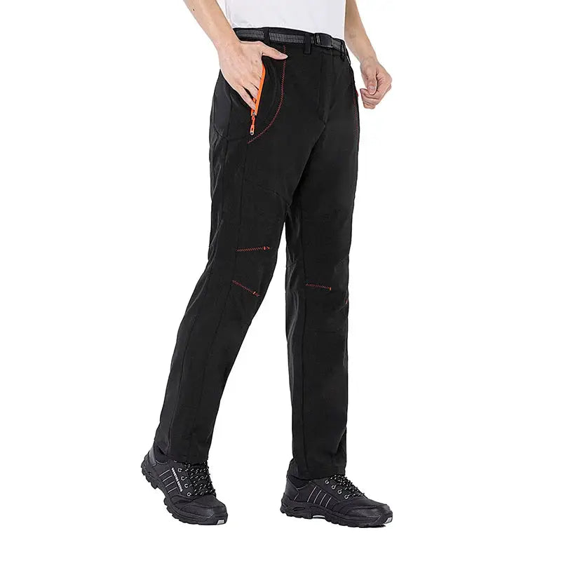 JNLN men's thick fleece hiking pants by Simples Market; black waterproof windproof soft-shell trousers with zipper