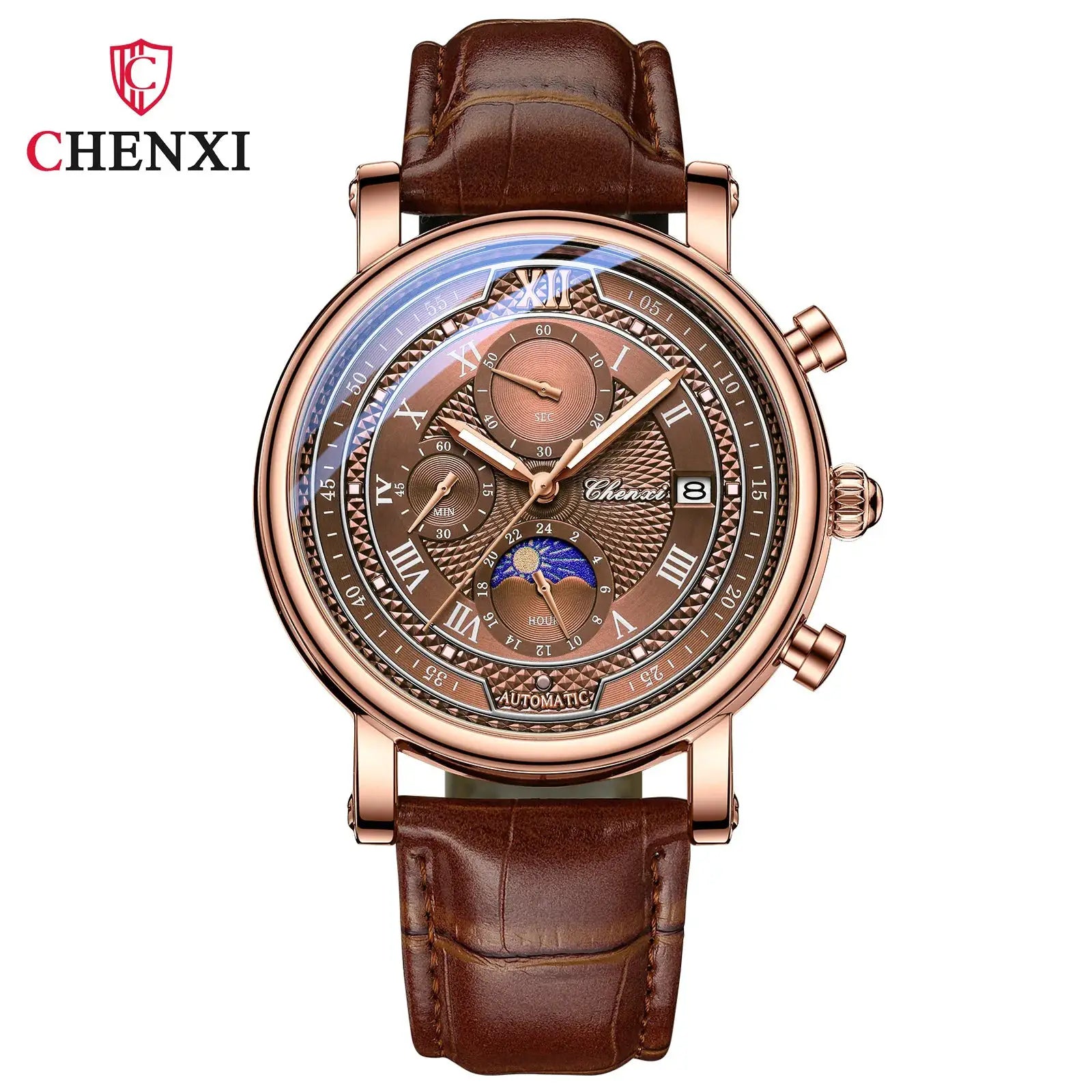Chenxi 976 Leather Chronograph Date Men's Moon Phase Watch, rose-gold case, brown leather strap, date window