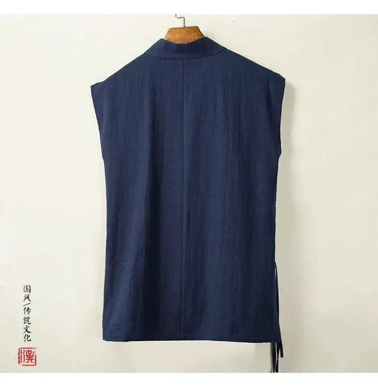 Men's Hanfu vest in navy blue linen-cotton, sleeveless traditional top (back view)