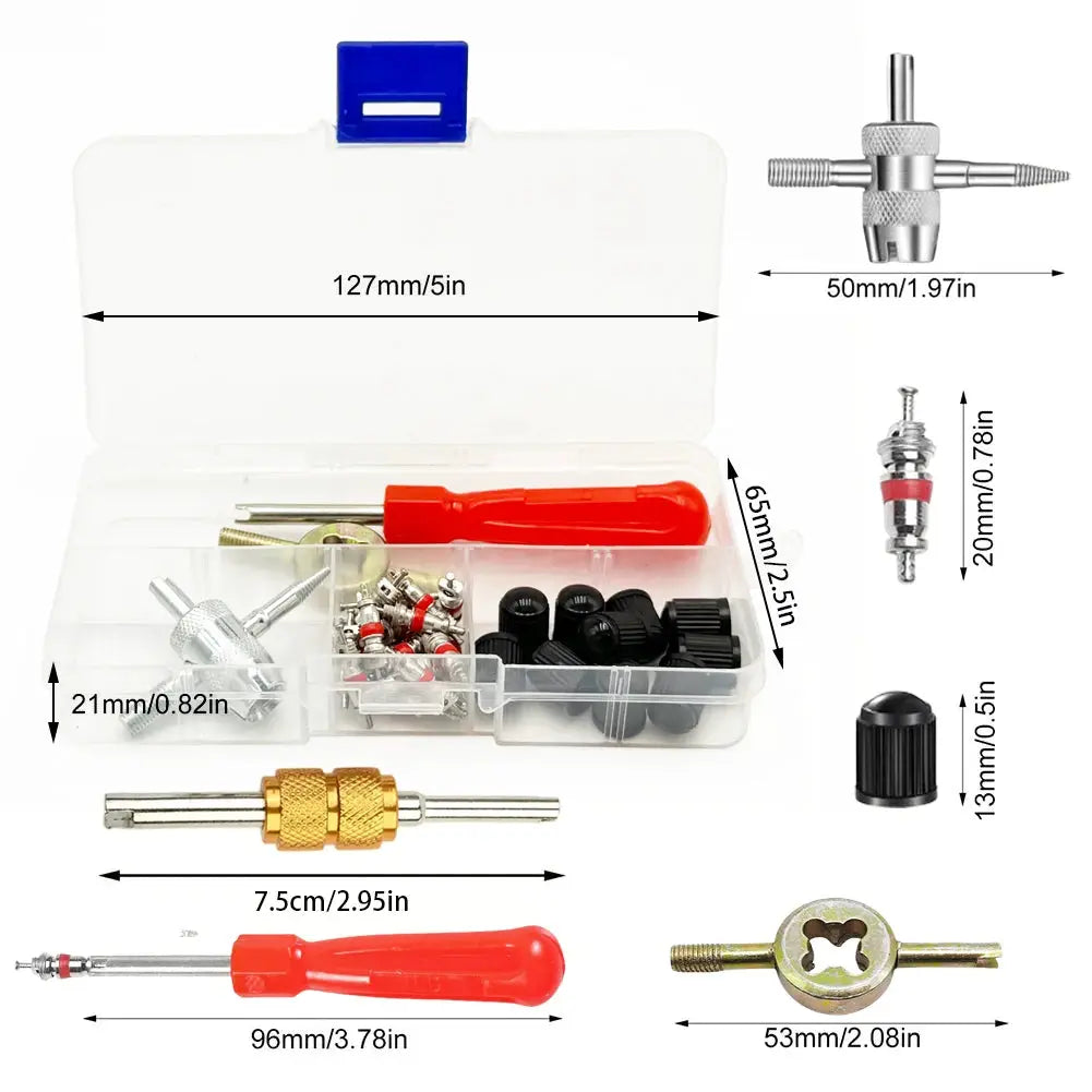 Universal tire valve core remover tool kit with red-handled slotted screwdriver and accessories Simples Market