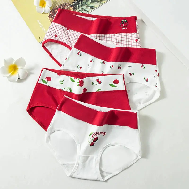 4-pack cotton women’s panties with red waistband and cherry prints, Simples Market