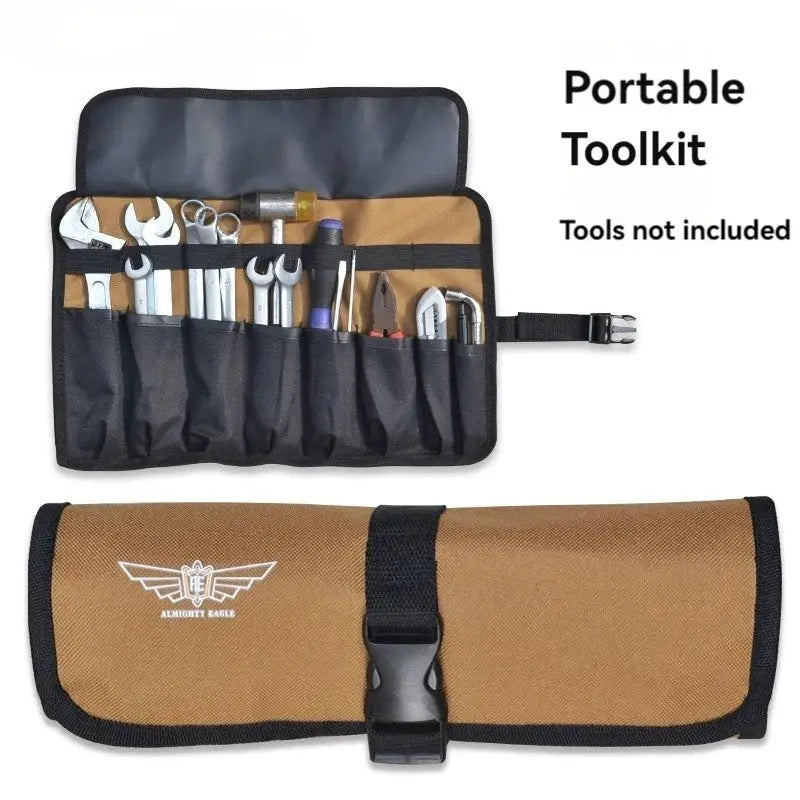 Oxford cloth tool roll by Almighty Eagle in brown with black trim; open view shows organized wrenches and pliers