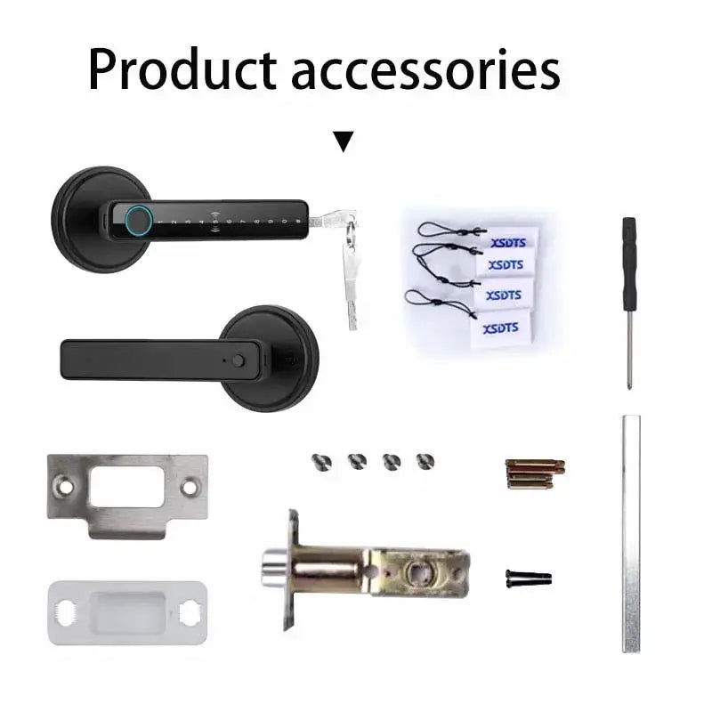 Simples Market Tuya black smart door lock kit with fingerprint and card access; includes dual handles and hardware