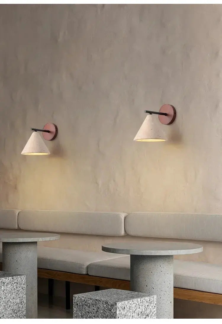 Natural stone wall lamp sconces (2) with beige conical shades and pink travertine backplates
