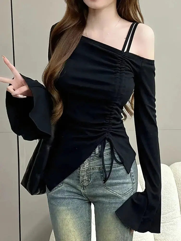 White Off Shoulder Top With Drawstring Ribbon Slim Fit Long Sleeve Body Tee With Elegant Flare Sleeve