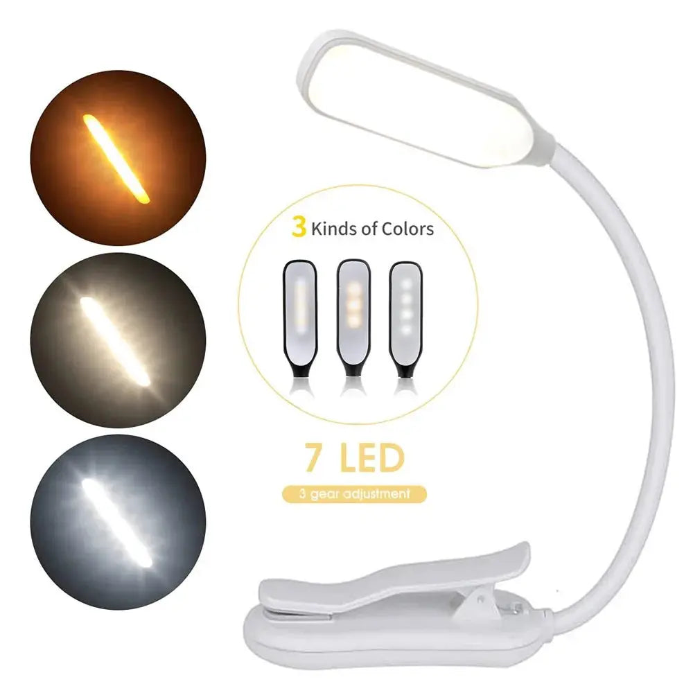 Simples Market LED book light with clip, USB rechargeable, adjustable neck and 3 color modes