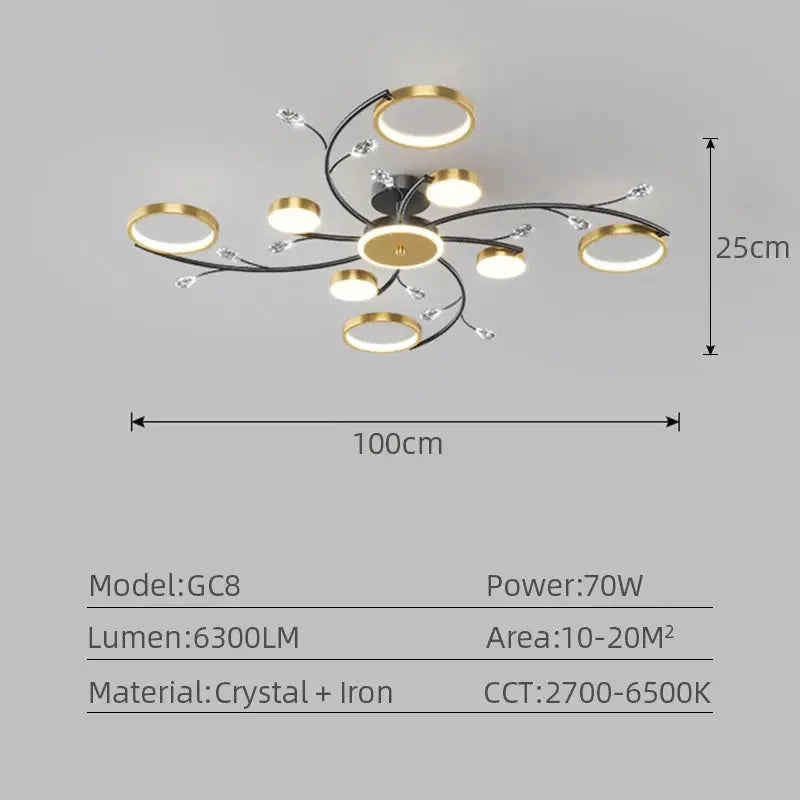 IRALAN modern crystal and iron ceiling chandelier with gold LED rings and crystal accents, 100 cm wide, 25 cm tall