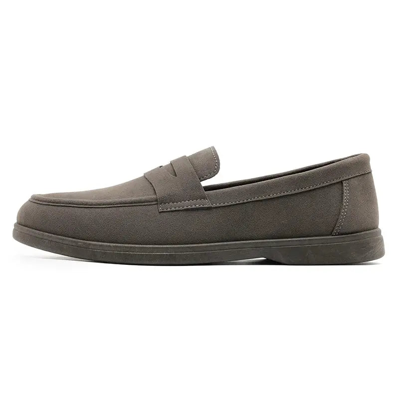 Men's slip-on loafers, taupe suede-like upper, lightweight casual walking shoe